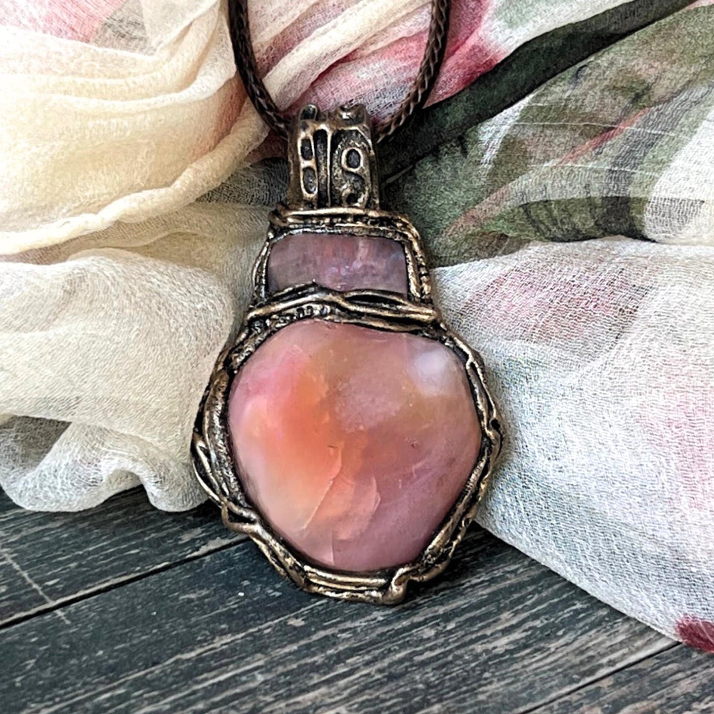 Peach Agate and Cherry Quartz Pink Stone Pendant Necklace -  Healing Crystal Amulet