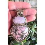 Rose Quartz Rhodonite Heart Necklace Chunky Crystal Pendant