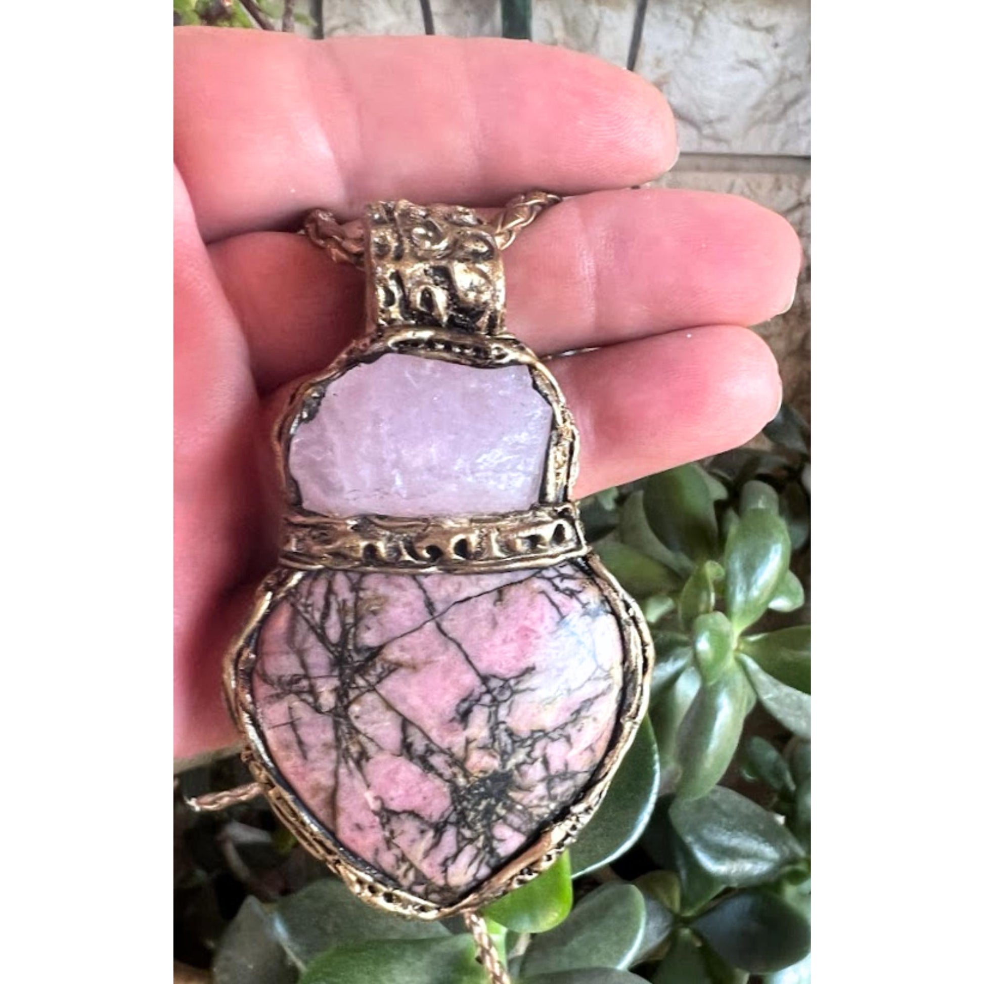 Rose Quartz Rhodonite Heart Necklace Chunky Crystal Pendant
