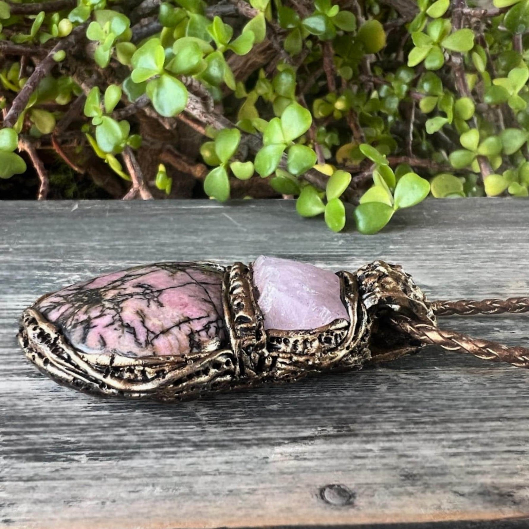 Rose Quartz Rhodonite Heart Necklace Chunky Crystal Pendant