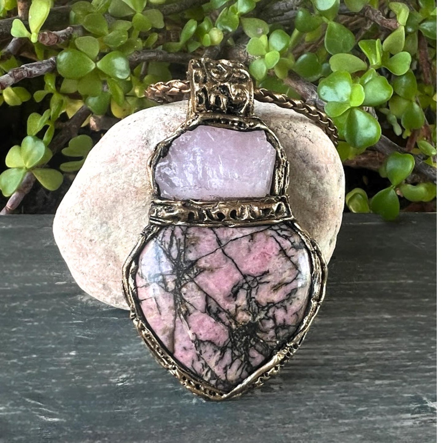 Rose Quartz Rhodonite Heart Necklace Chunky Crystal Pendant