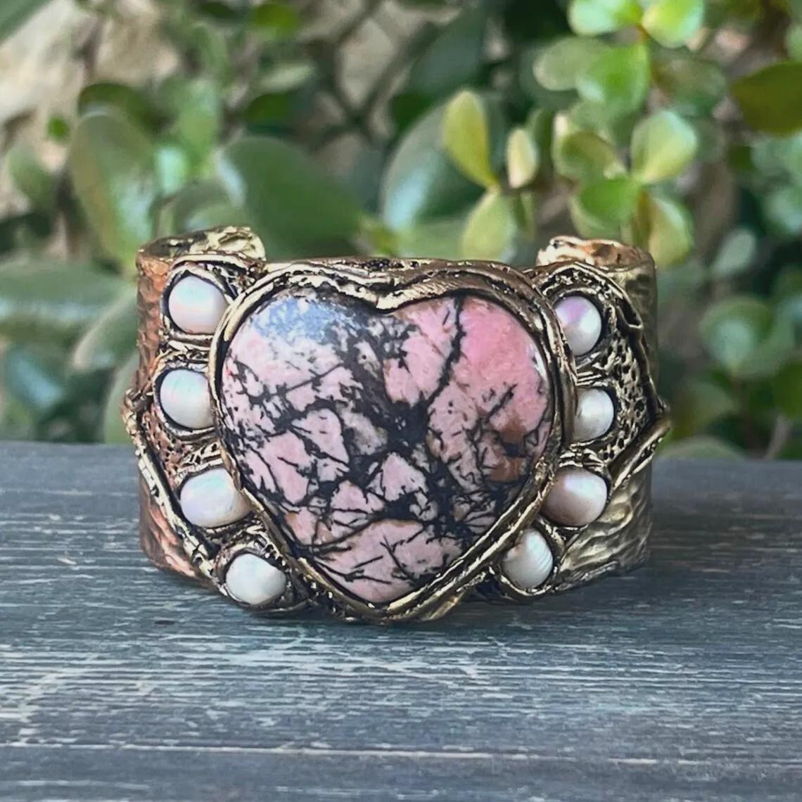 Rose Quartz Rhodonite Heart Necklace Chunky Crystal Pendant