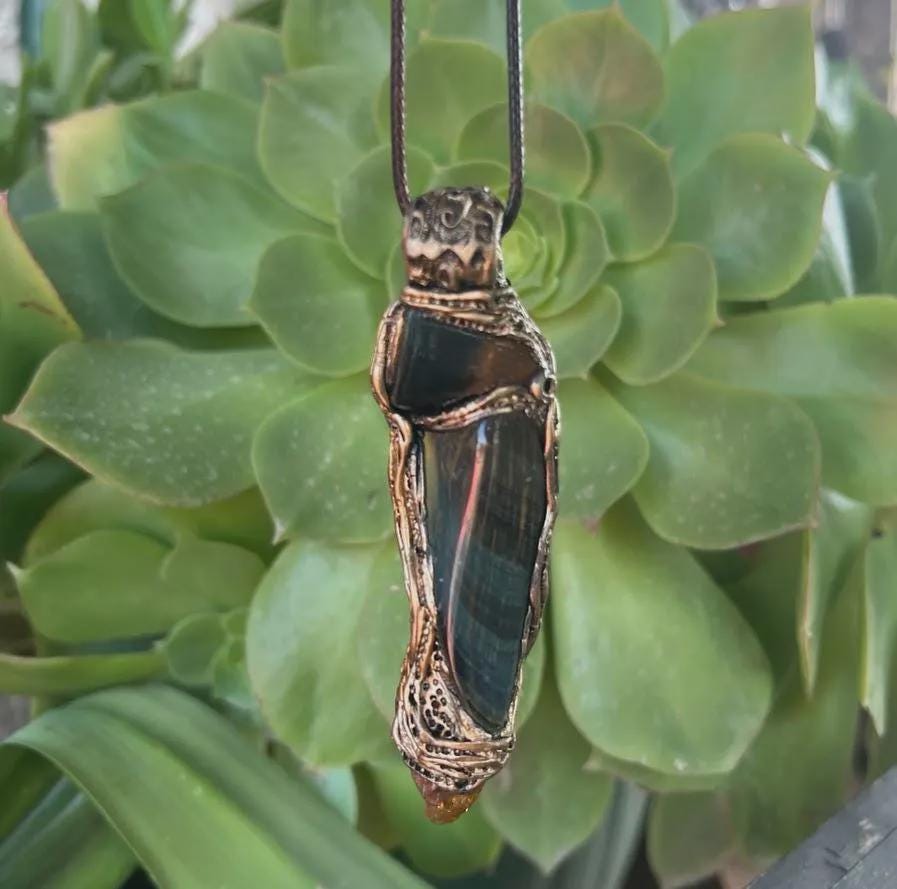 Tigers Eye and Citrine Pendant Necklace - Crystal Amulet