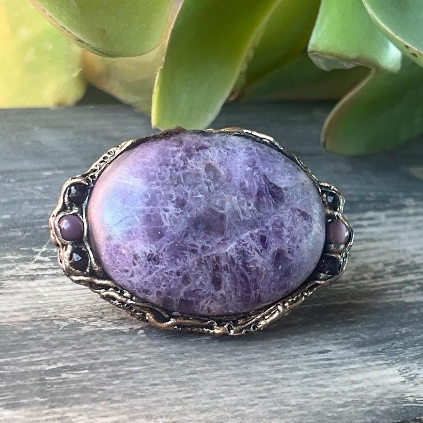 Chunky Purple Charoite Ring - Statement Gemstone Oval Cocktail Ring