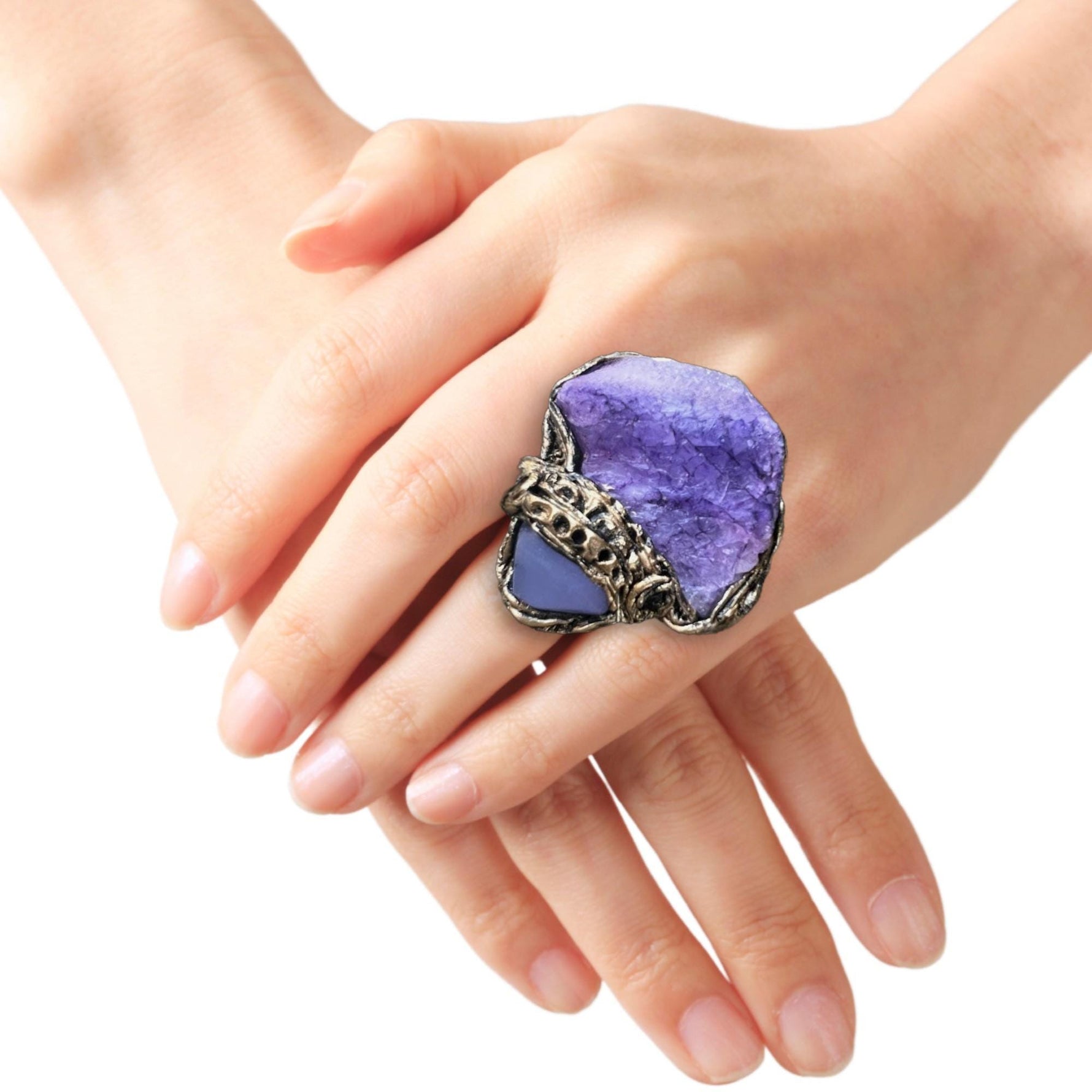 Chunky Chalcedony Calcite Ring - Purple Crystal Cocktail Jewelry