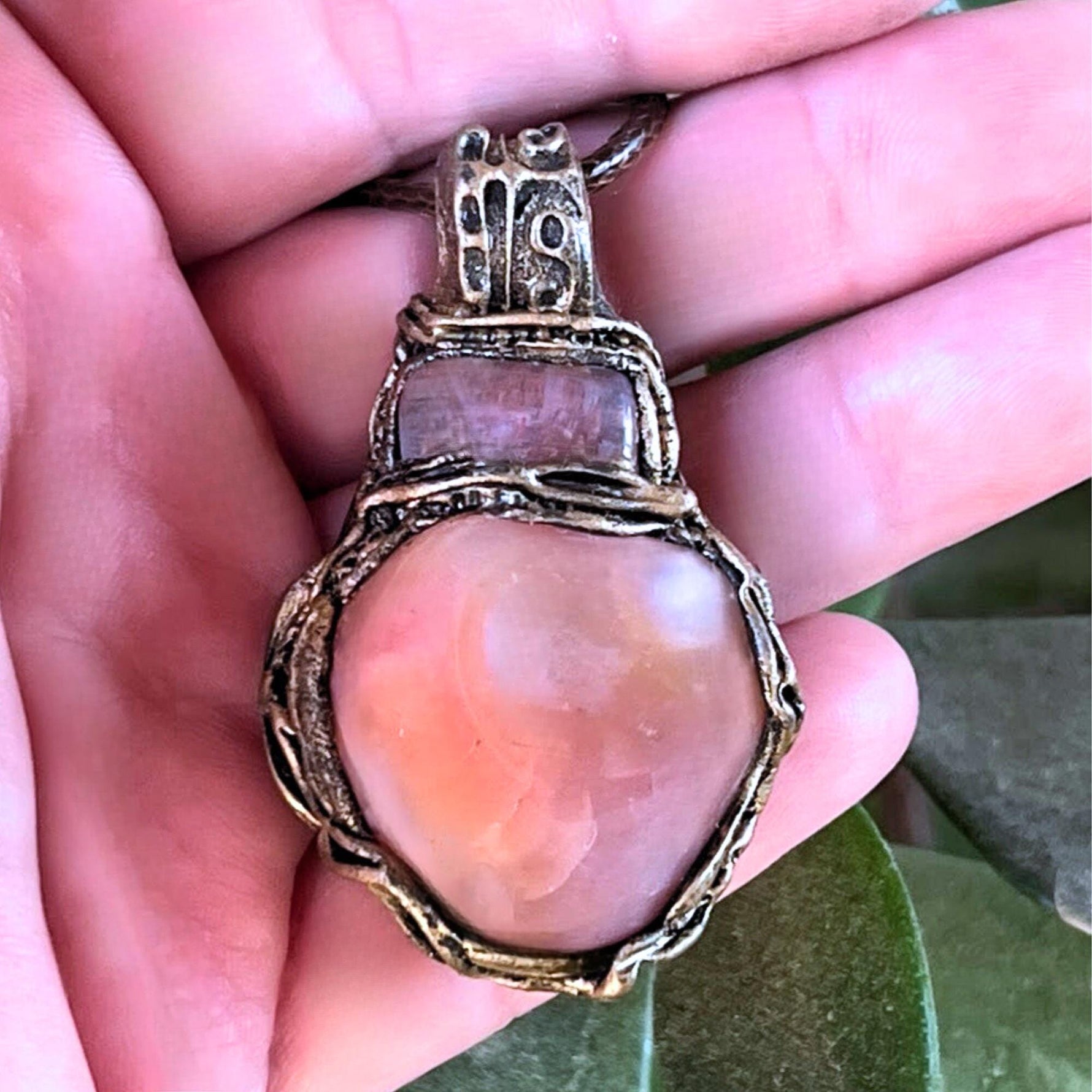 Peach Agate and Cherry Quartz Pink Stone Pendant Necklace -  Healing Crystal Amulet