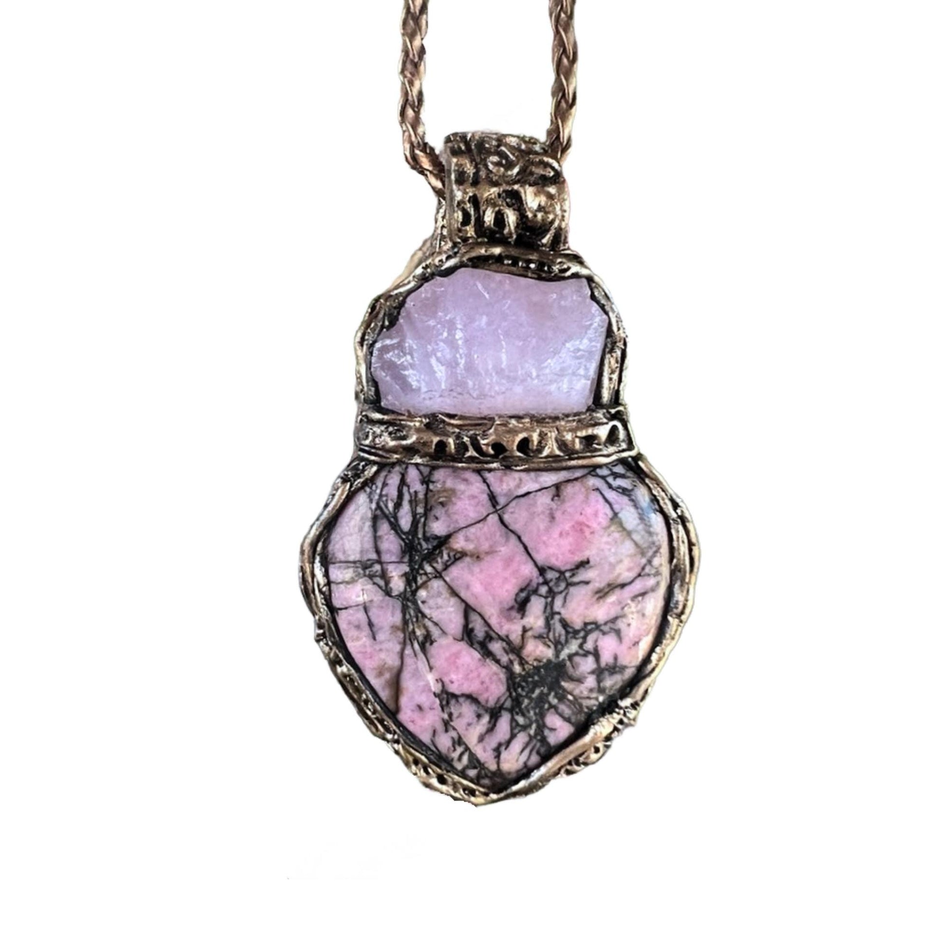 Rose Quartz Rhodonite Heart Necklace Chunky Crystal Pendant