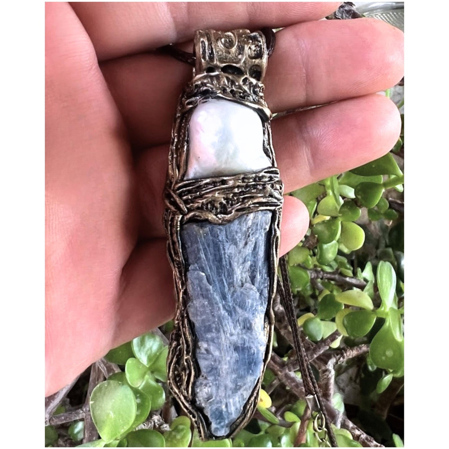 Blue Kyanite and Baroque Pearl Necklace -  Raw Crystal Healing Amulet