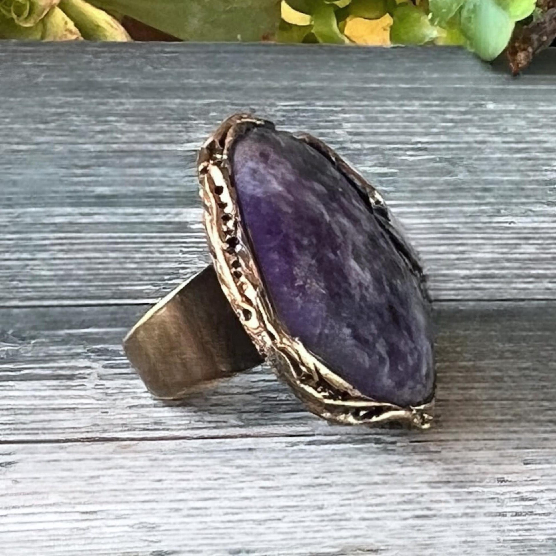 Charoite and Rose Quartz Large Statement Ring -  Purple Chunky Cocktail Ring
