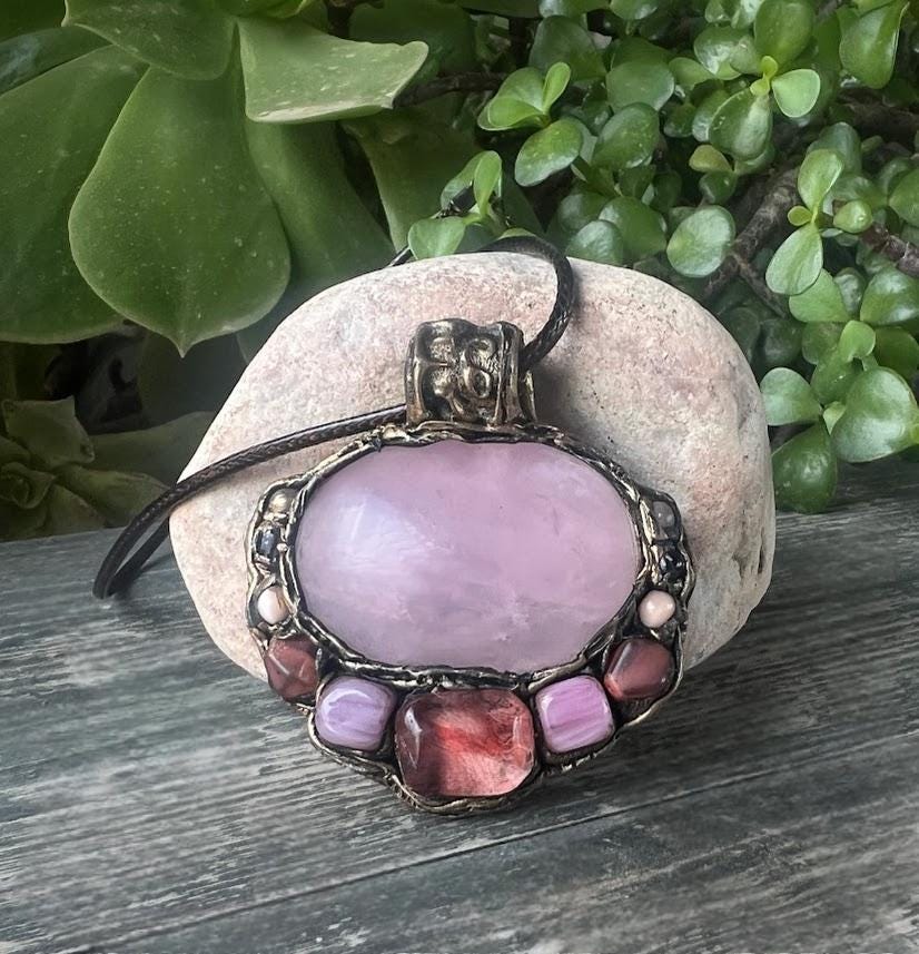 Rose Quartz and Cherry Quartz Necklace: Handmade Pink Stone Pendant