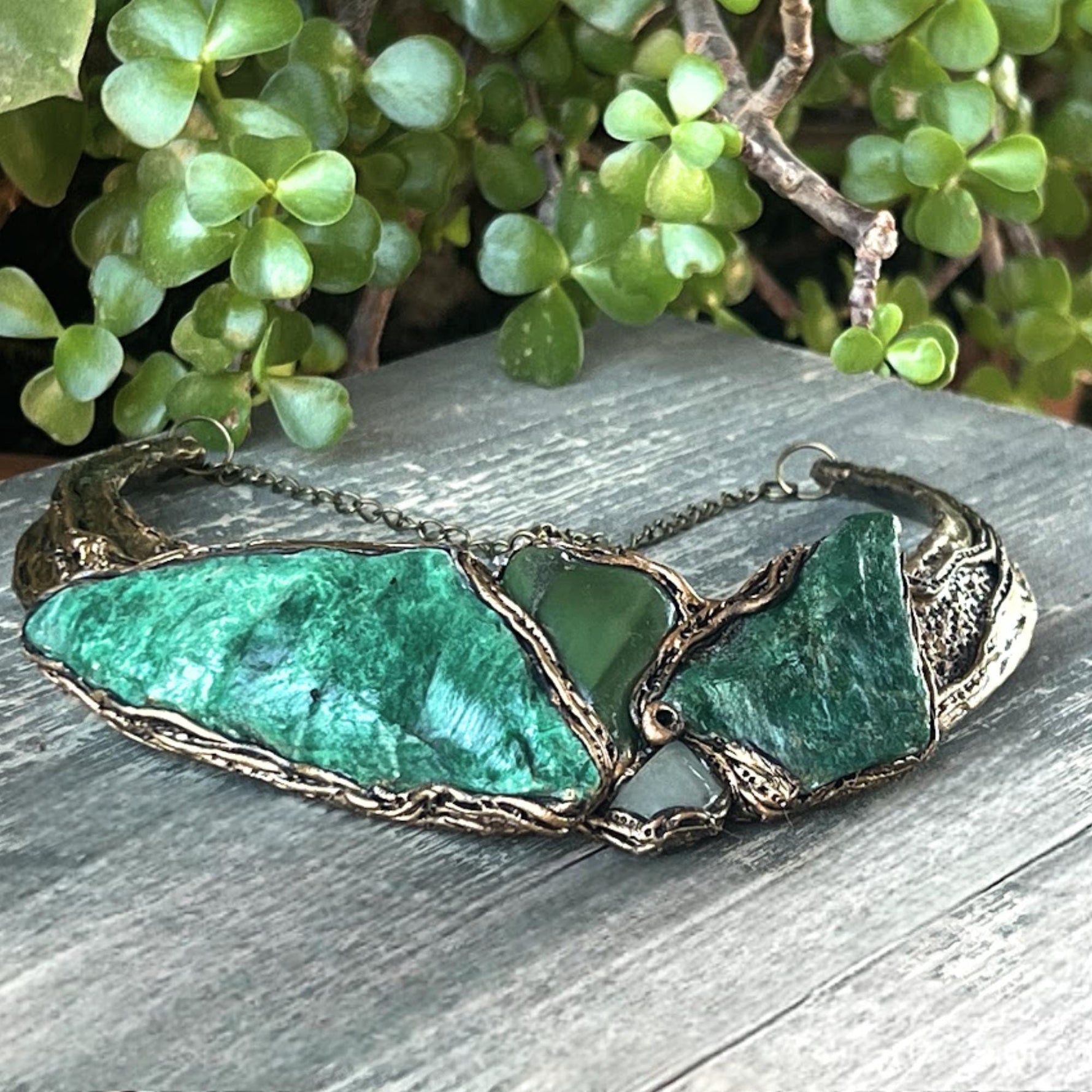 Chunky Green Gemstone Choker Collar Necklace | Aventurine and Buddstone Jewelry