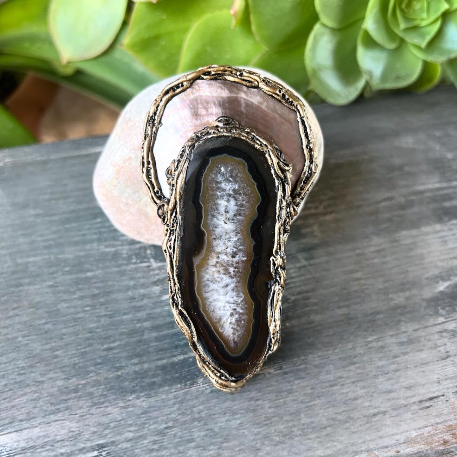 Extra Large Brooch with Agate and Mother of Pearl | Statement Modern Contemporary Jewelry