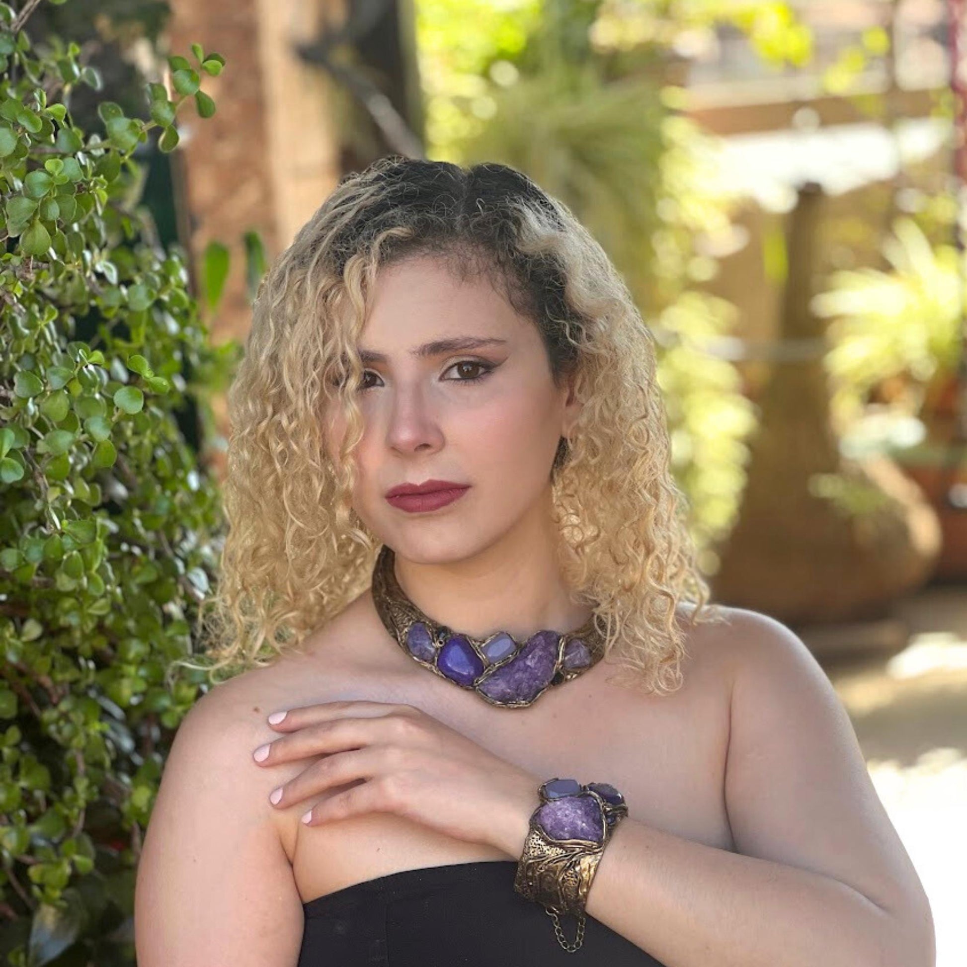 Purple Gemstone Choker Necklace- Calcite Agate and Chalcedony Collar