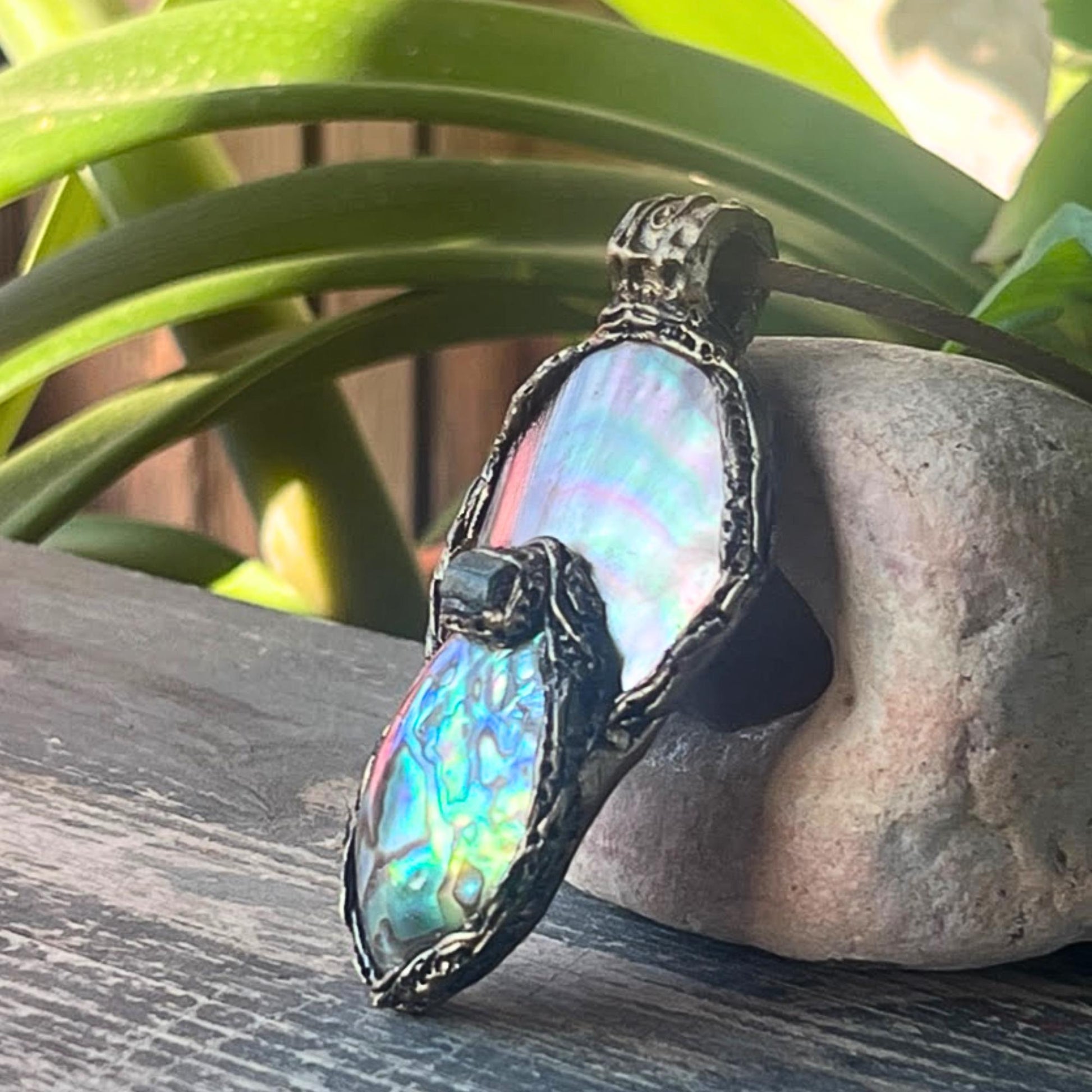 Mother of Pearl Necklace with Abalone and Epidote - Statement Shell Jewelry