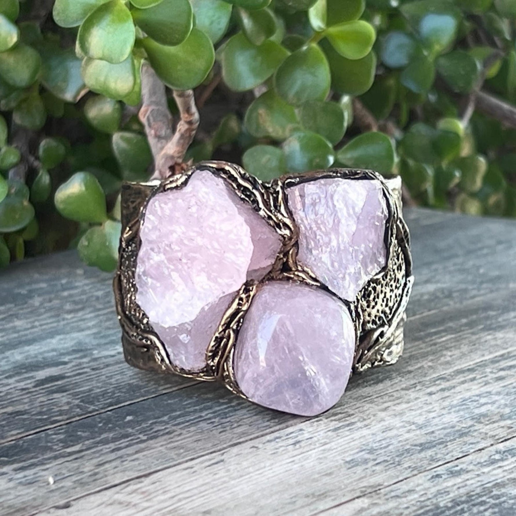 Gemstone Rose Quartz chunky cuff bracelet large statement