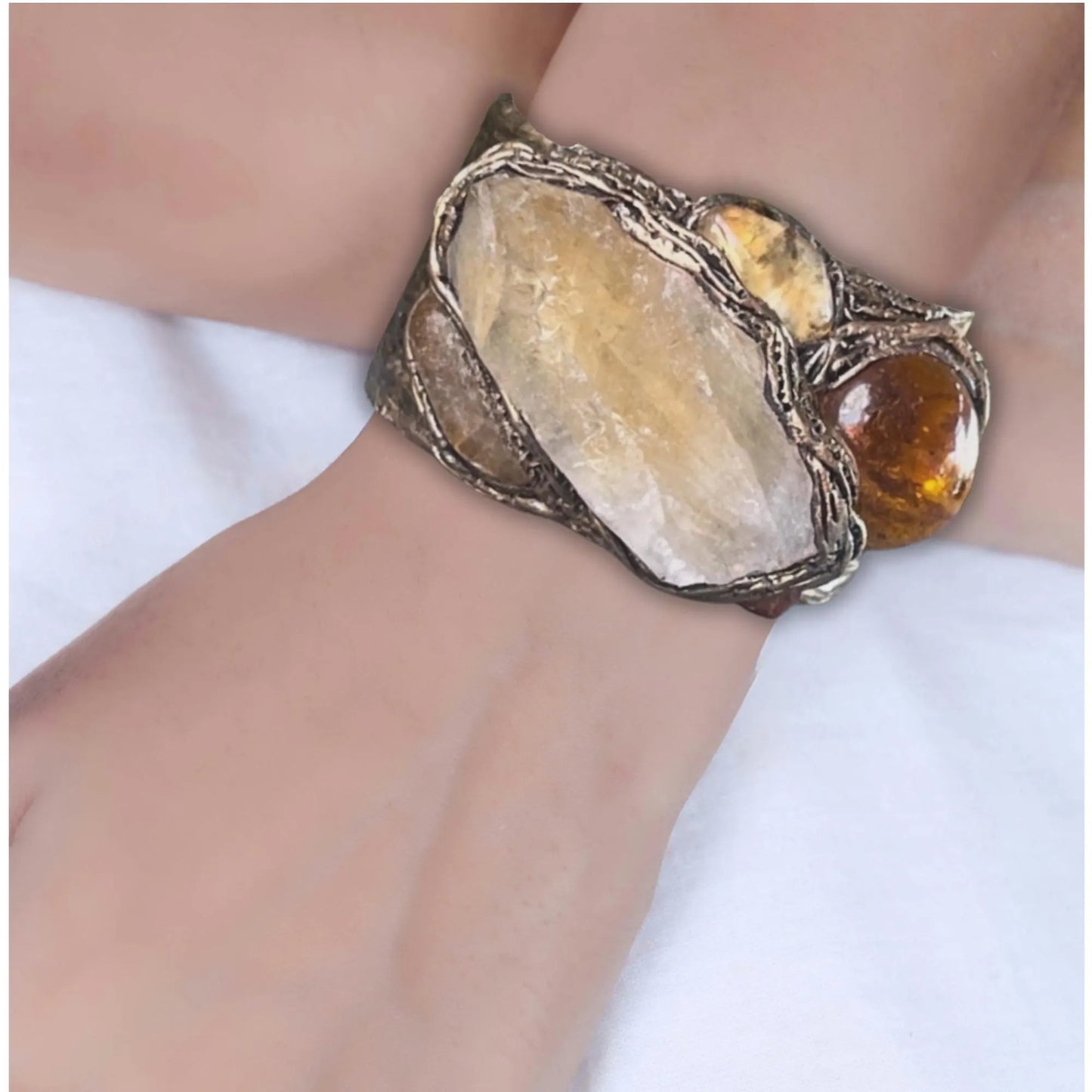 Citrine Crystal Wide Cuff Bracelet - Statement Chunky Gemstone Jewelry