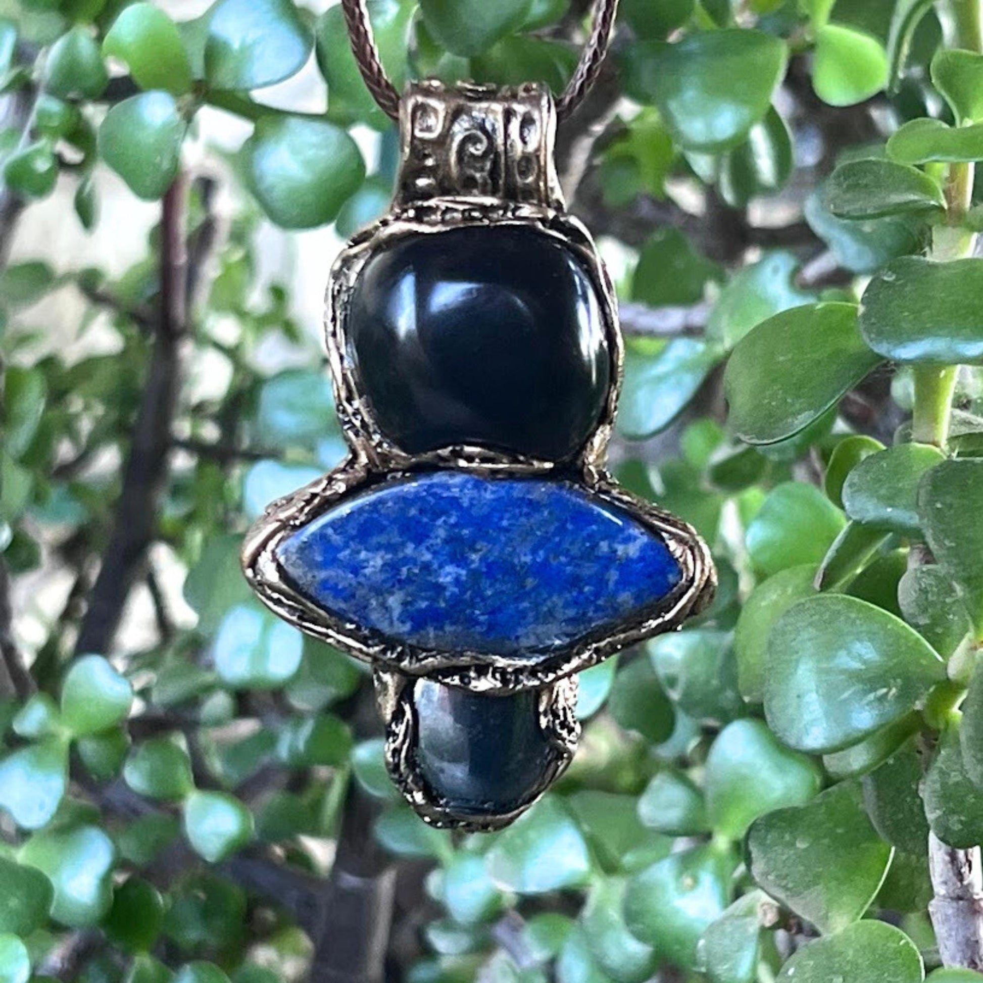 Obsidian Lapis Lazuli Hematite Pendant Necklace -  Empath Protection Crystal Amulet