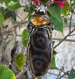 Citrine and Dzi Bead Tibetan Agate Pendant -   Crystal Amulet Necklace