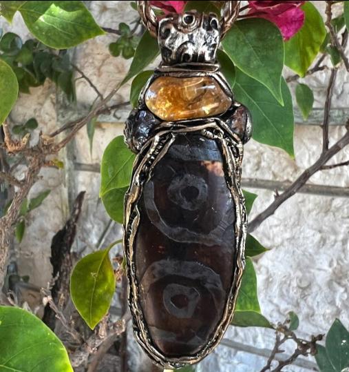 Citrine and Dzi Bead Tibetan Agate Pendant -   Crystal Amulet Necklace