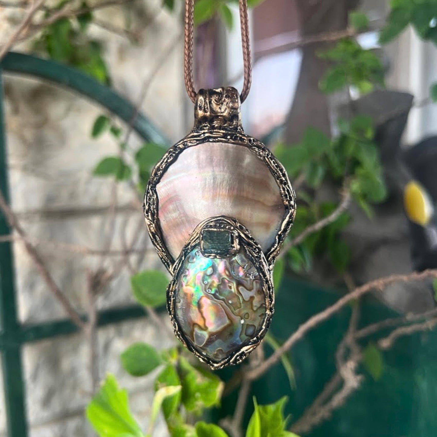 Mother of Pearl Necklace with Abalone and Epidote - Statement Shell Jewelry