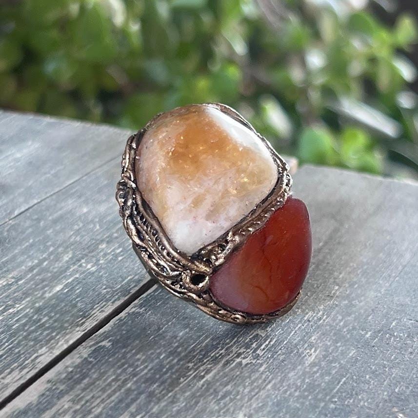 Citrine and Carnelian Chunky Stone Ring - Statement Crystal Cocktail ring