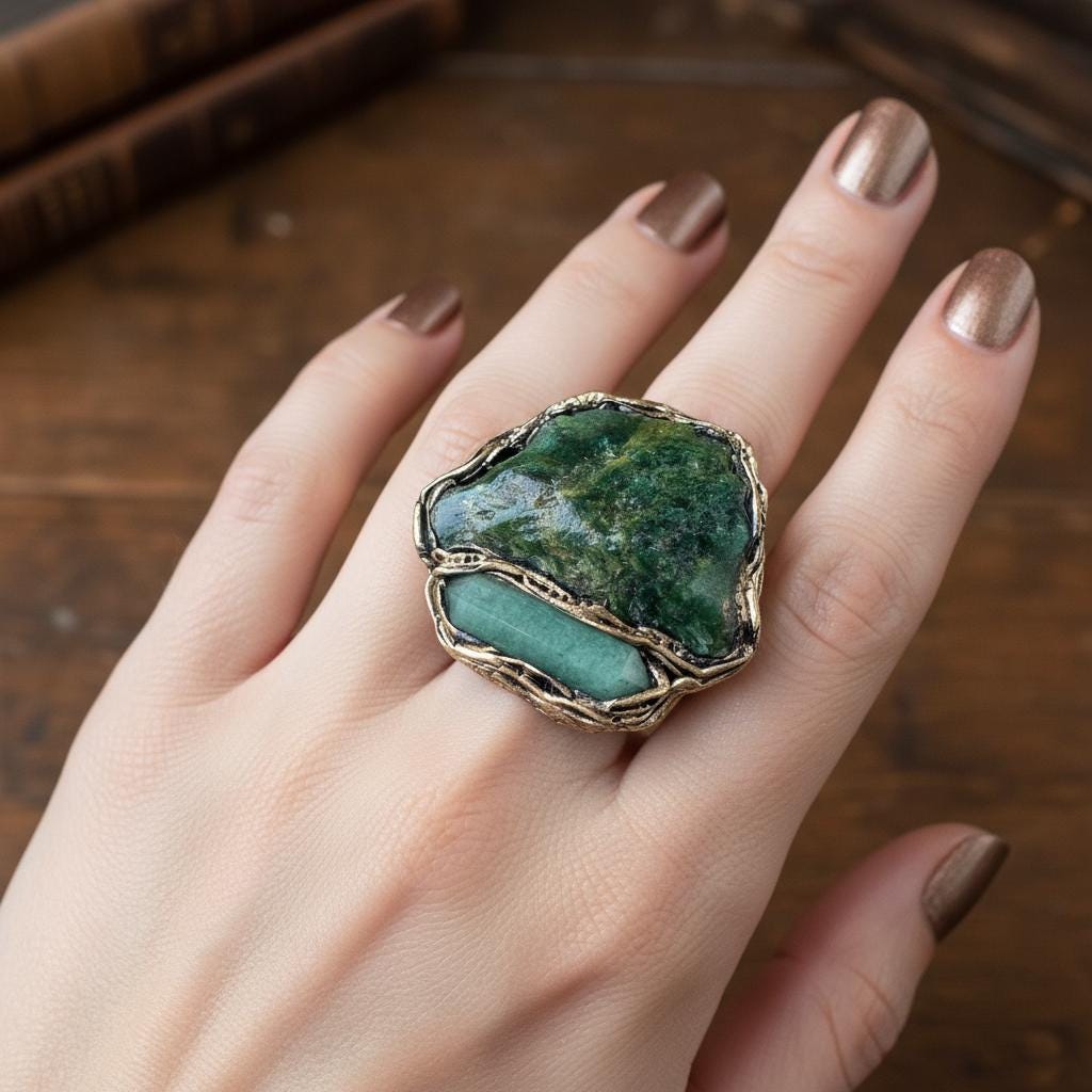 Buddstone Aventurine Statement Ring -  Chunky Green Crystal Cocktail Ring