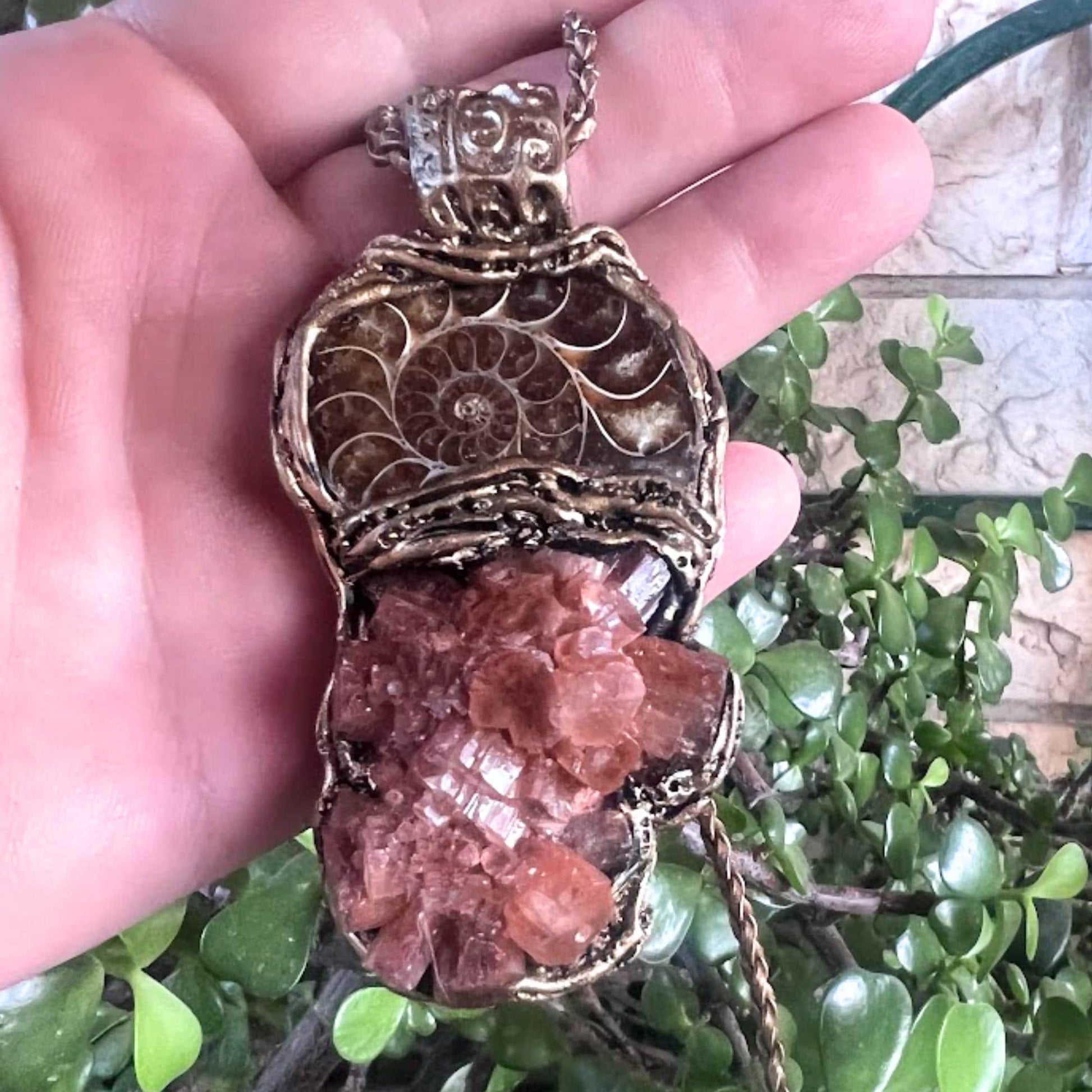 Ammonite Fossil and Aragonite Pendant -  Natural Earth Stone Amulet Jewelry