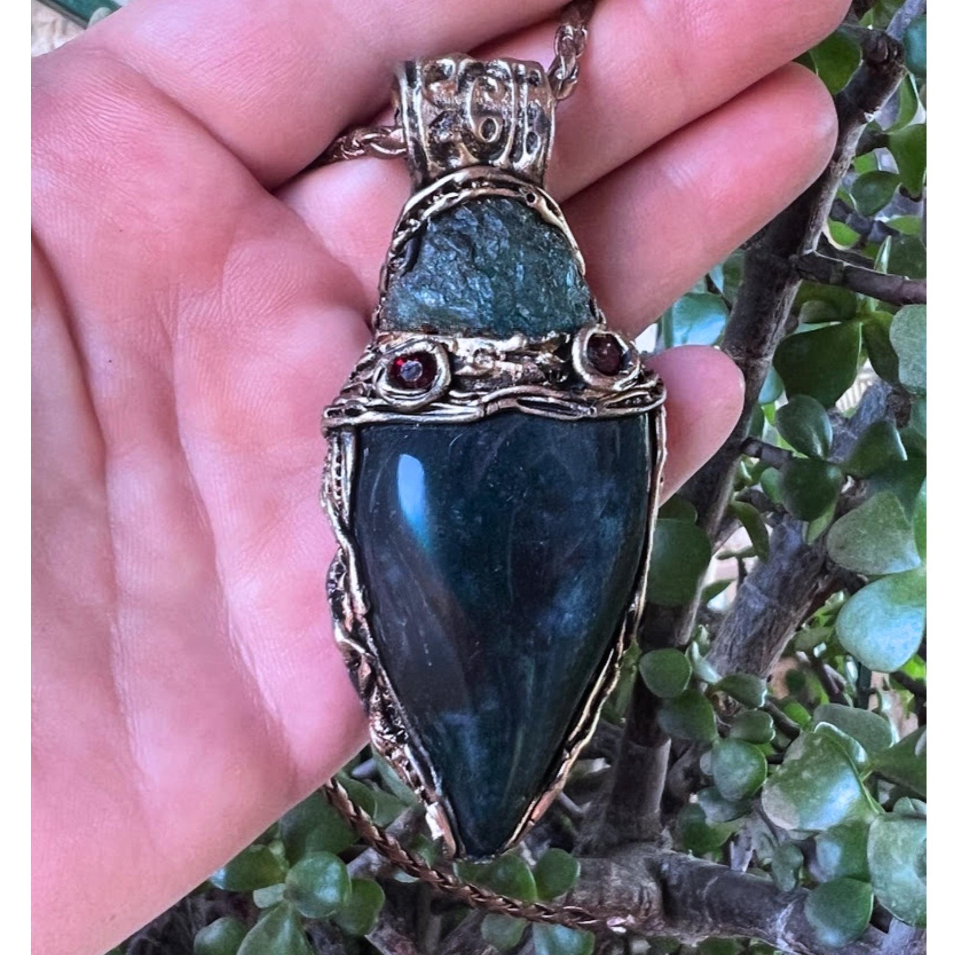 Raw Emerald and Moss Agate Necklace -  Green Healing Crystal Amulet