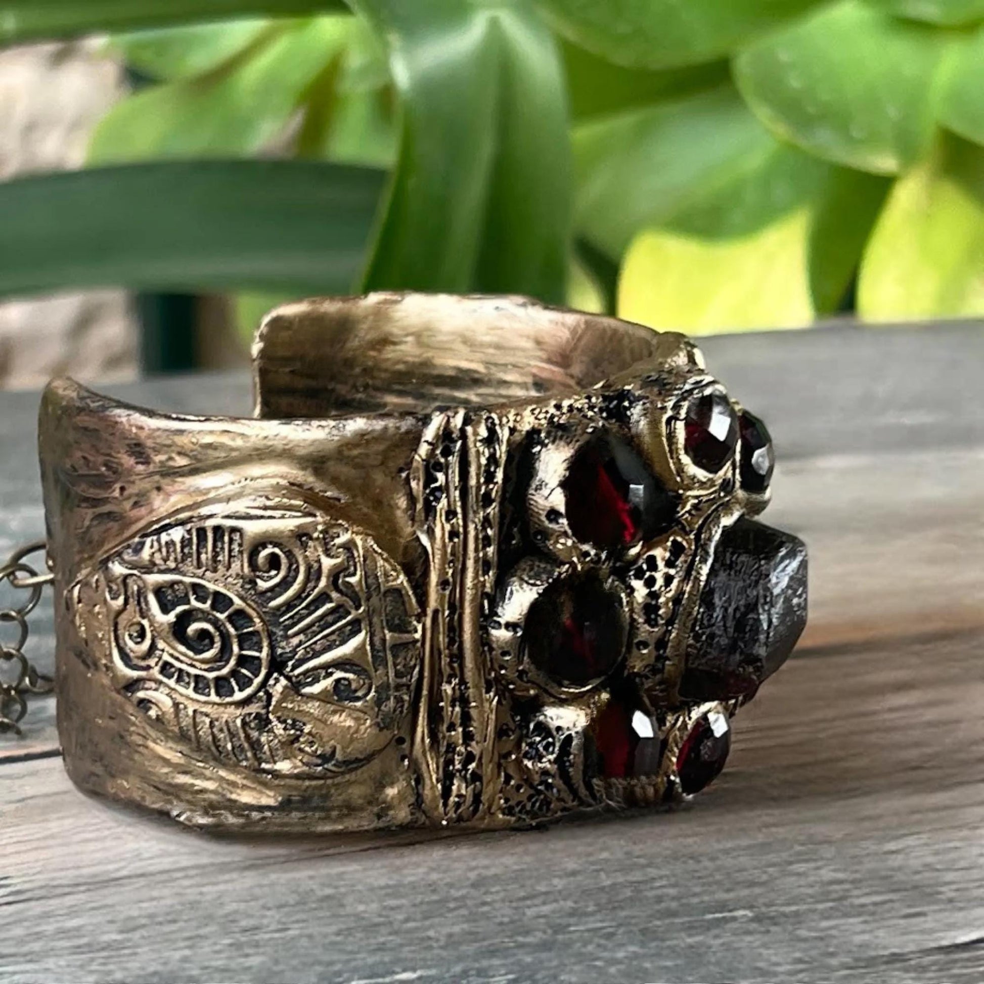 Large Raw Garnet bracelet Boho cuff bracelet