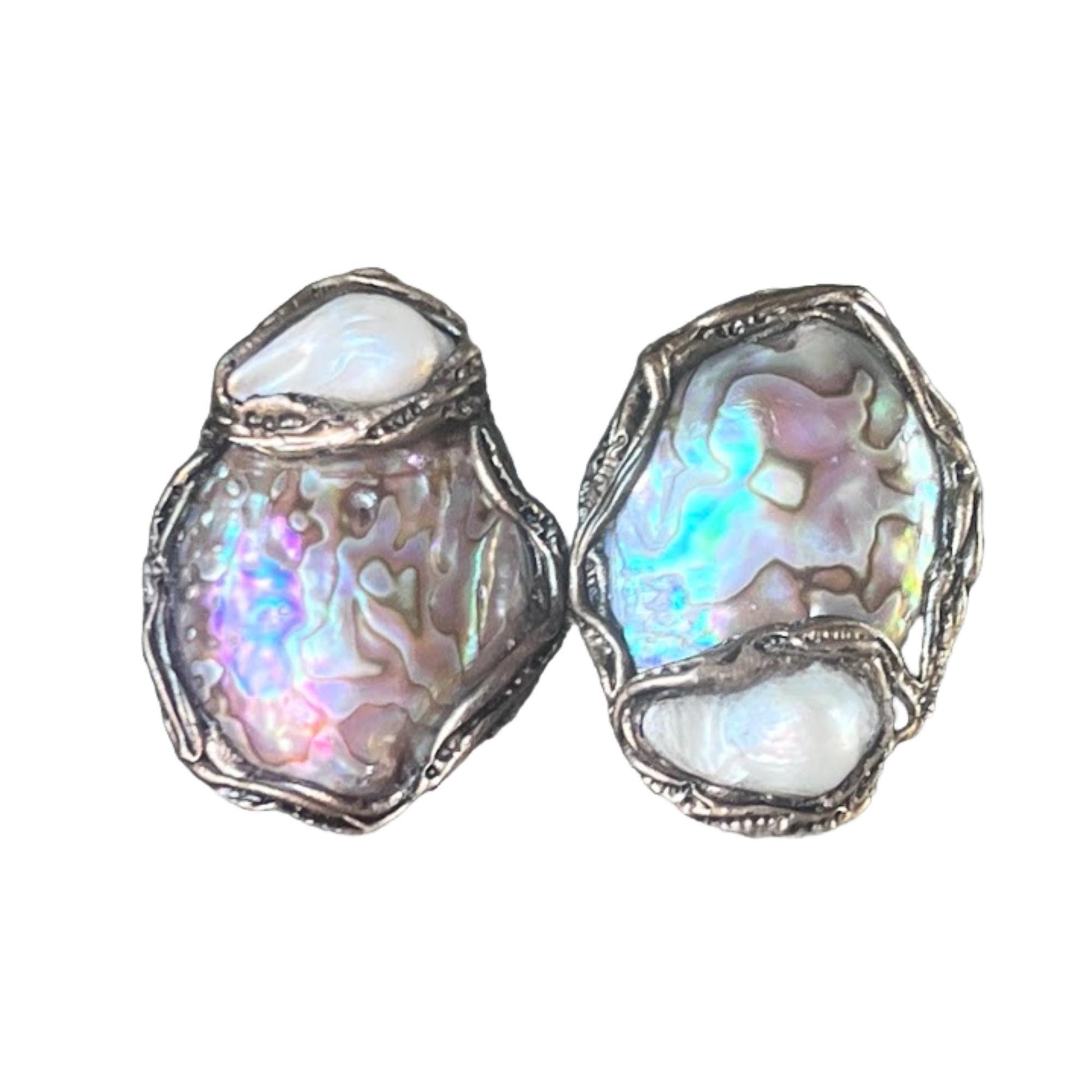 Abalone Shell Statement Clip On Earrings - Mismatched Modern Jewelry