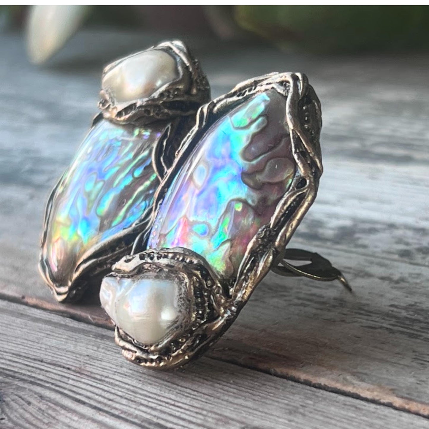 Abalone Shell Statement Clip On Earrings - Mismatched Modern Jewelry