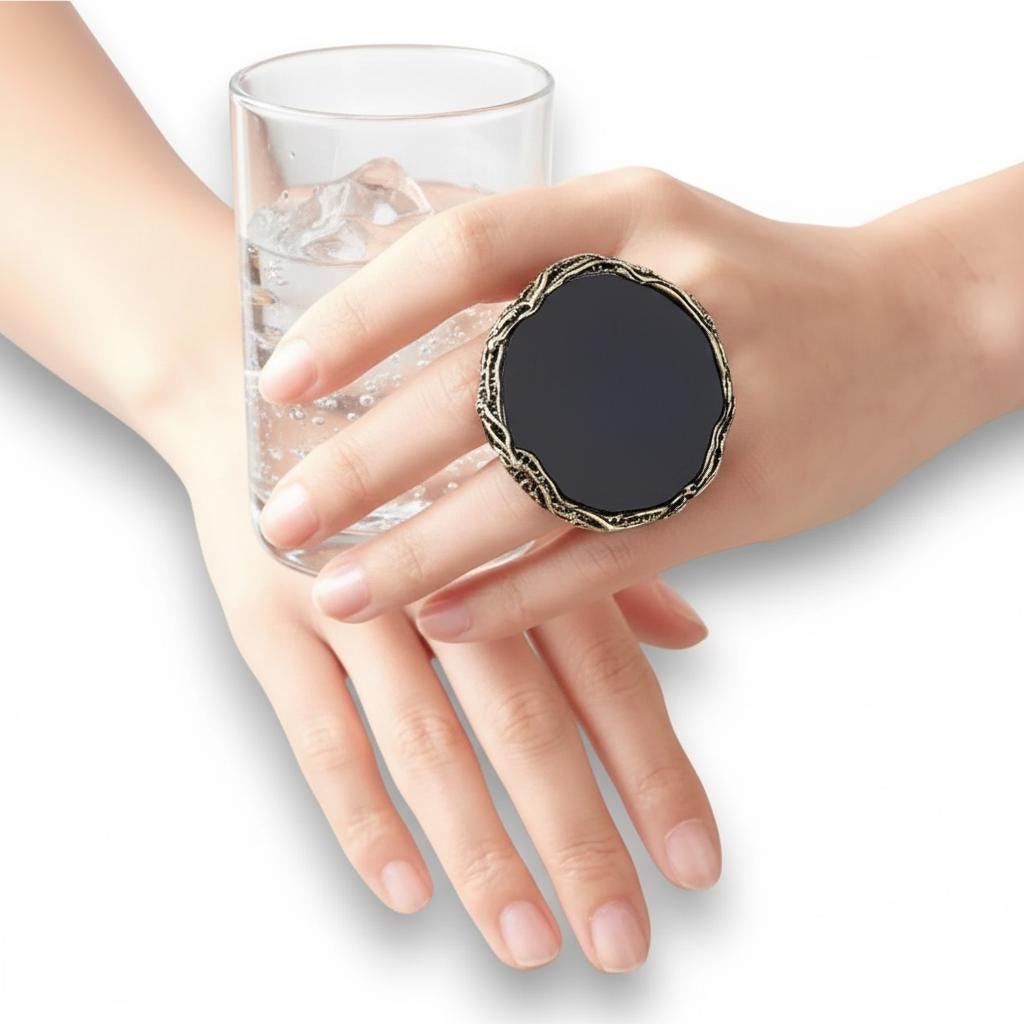 Oversized Black Obsidian Round Ring Chunky Huge Large Stone