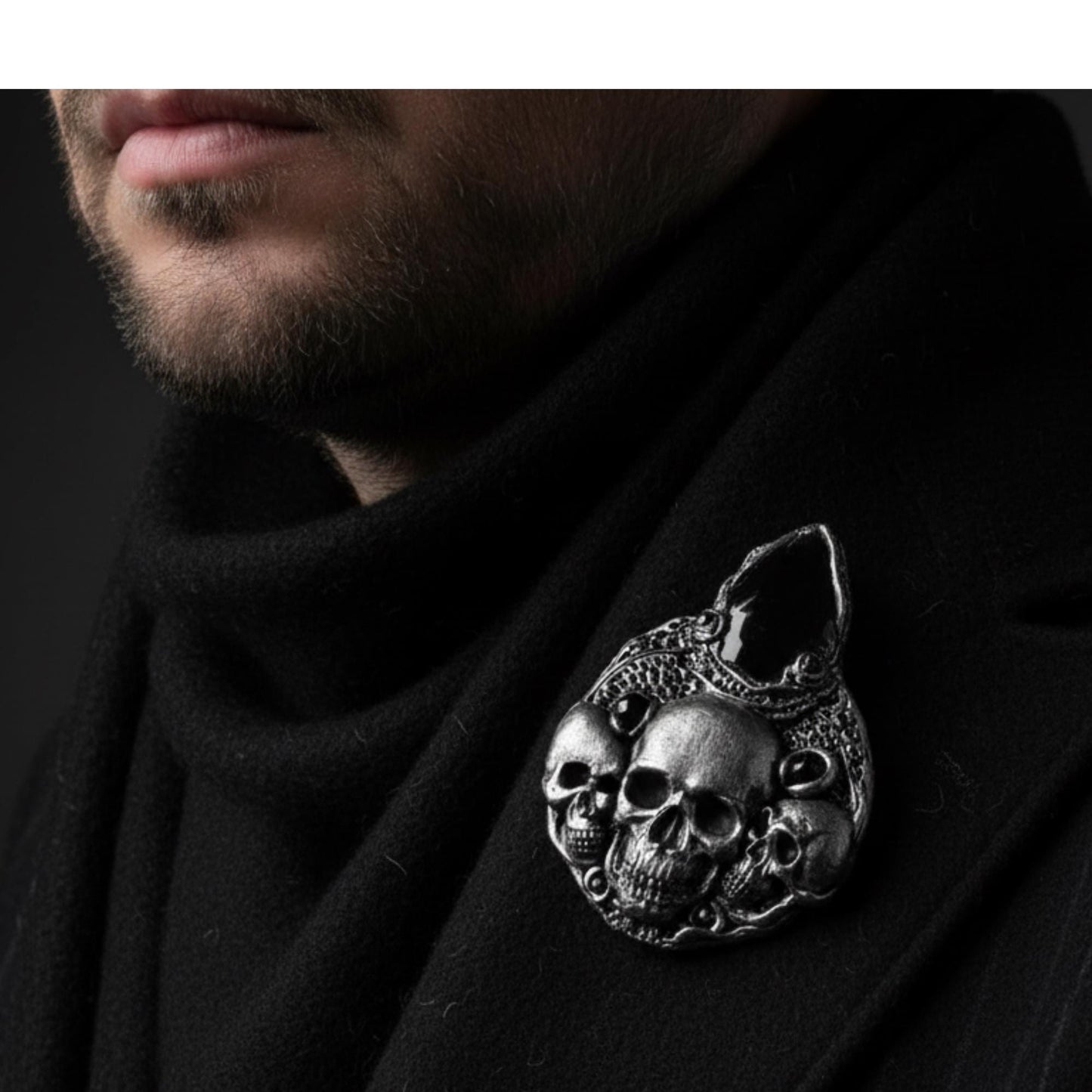 Gothic Skull Obsidian Large Brooch | Dark Statement Jewelry