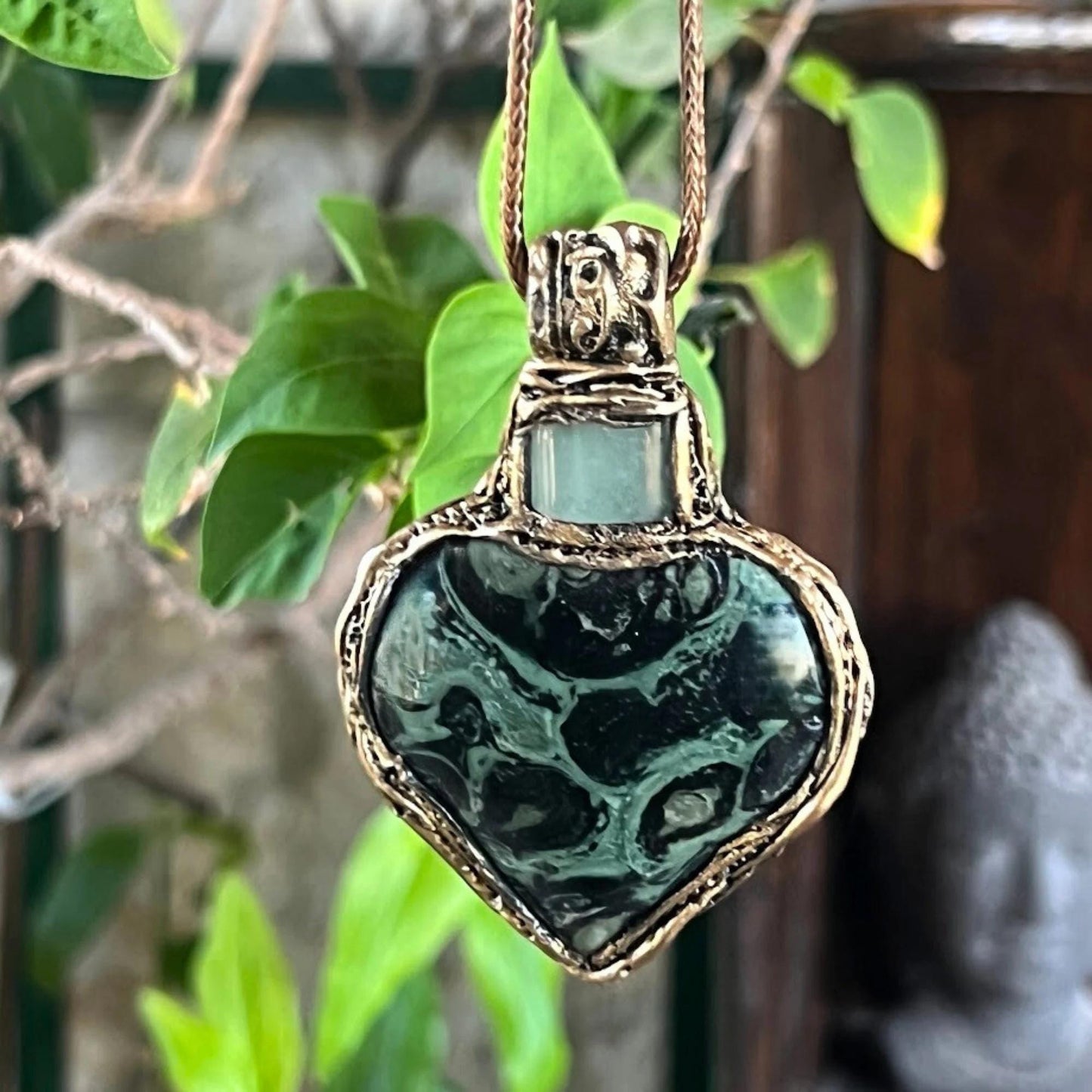 Kambaba Jasper and Aventurine Heart Pendant Necklace -  Green Stone Amulet