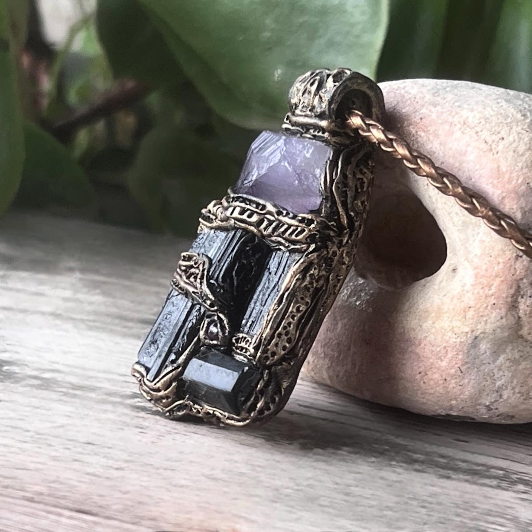 Raw Amethyst and Black Tourmaline Protection Amulet necklace