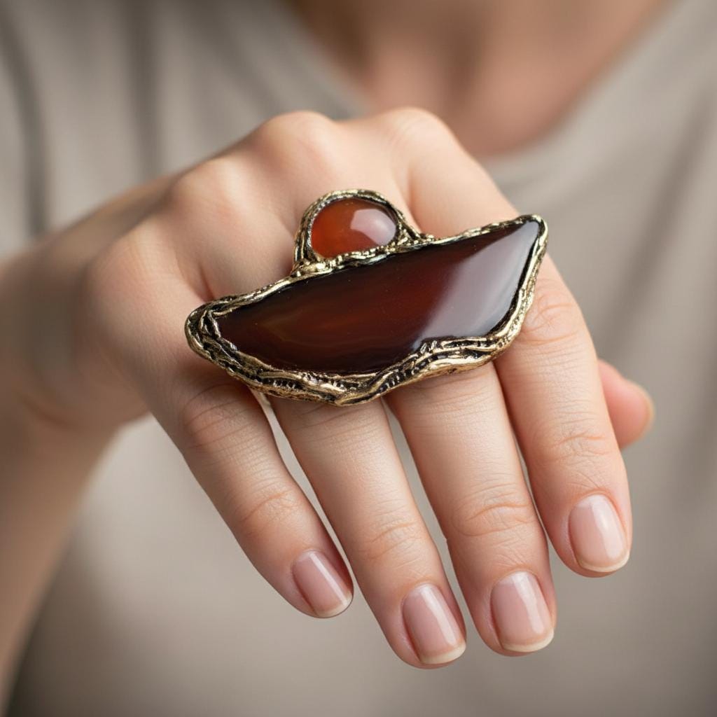 Chunky Carnelian Statement Ring - Huge Gemstone Cocktail Jewelry