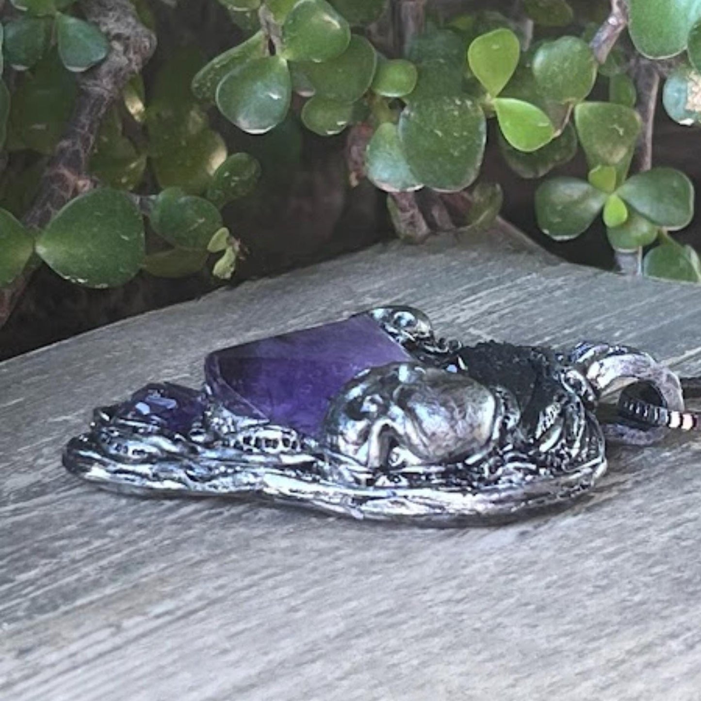 Gothic Amethyst Kyanite Crystal Amulet | Skull Heart Pendant Necklace
