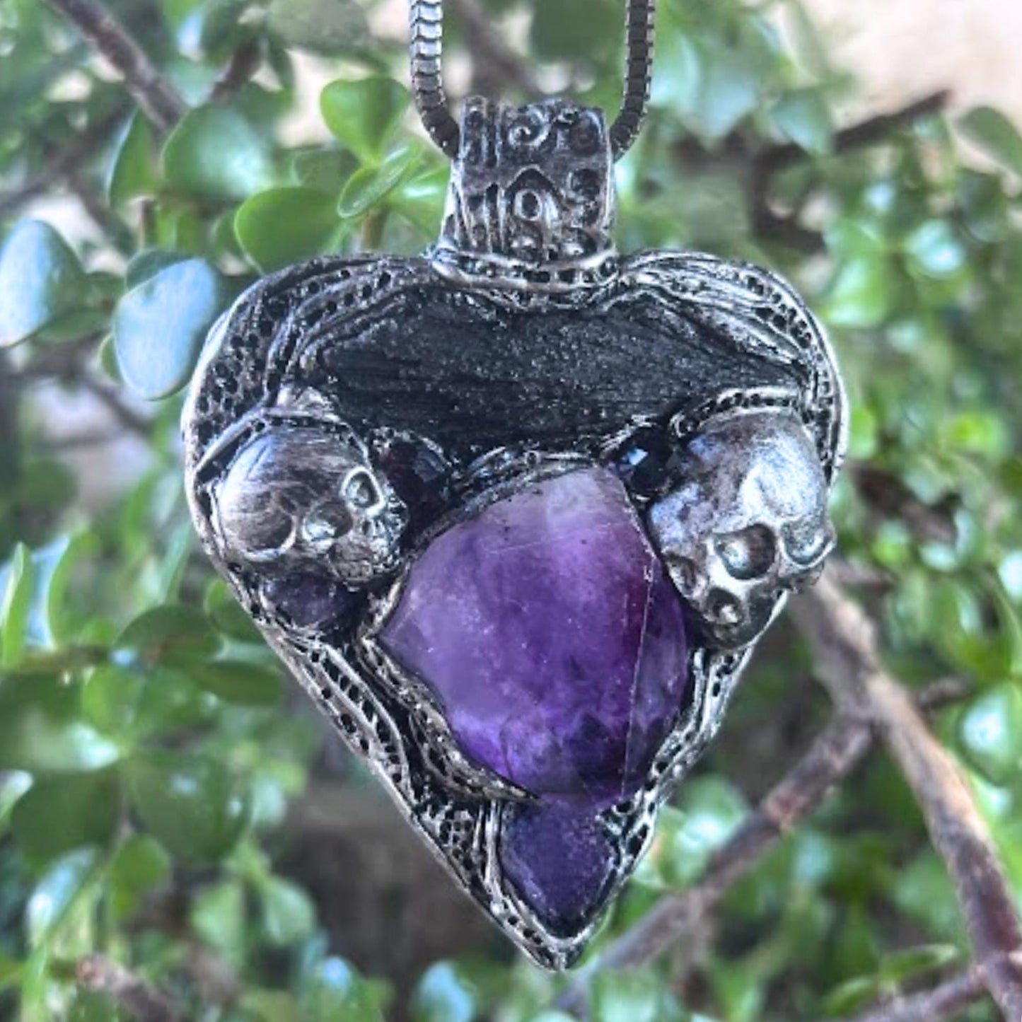 Gothic Amethyst Kyanite Crystal Amulet | Skull Heart Pendant Necklace