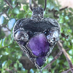 Gothic Amethyst Kyanite Crystal Amulet | Skull Heart Pendant Necklace