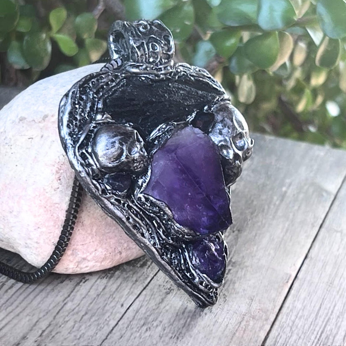 Gothic Amethyst Kyanite Crystal Amulet | Skull Heart Pendant Necklace
