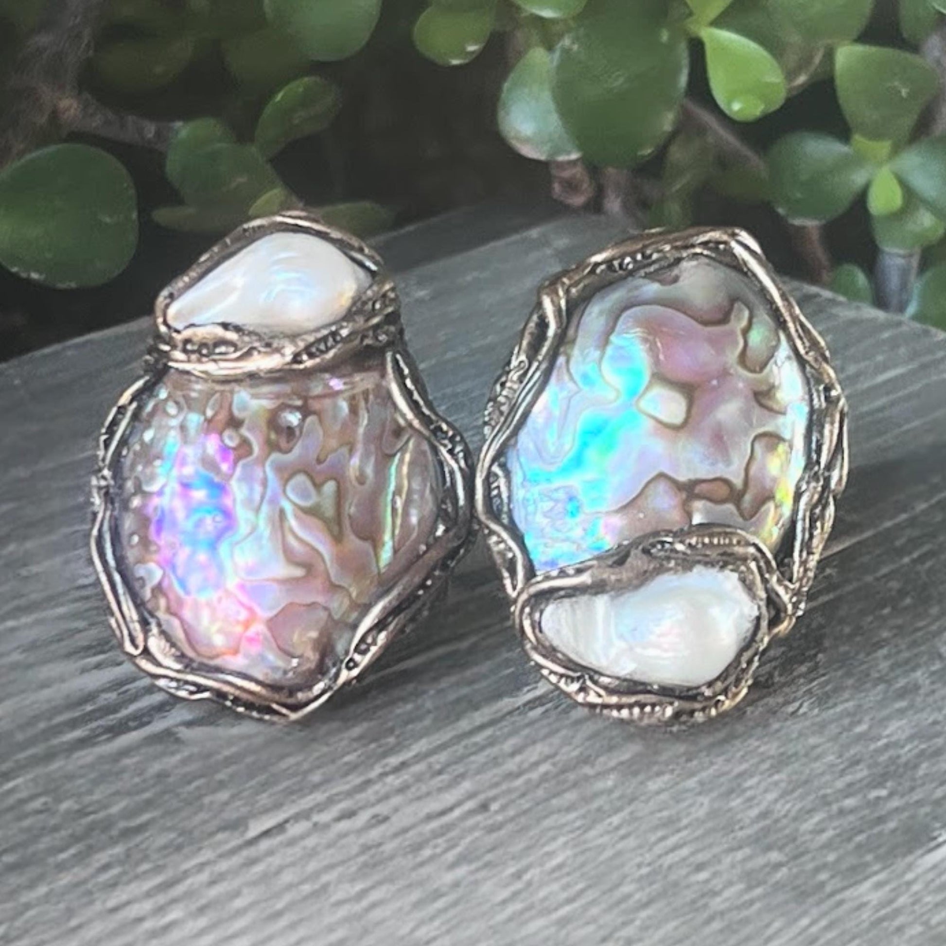 Abalone Shell Statement Clip On Earrings - Mismatched Modern Jewelry