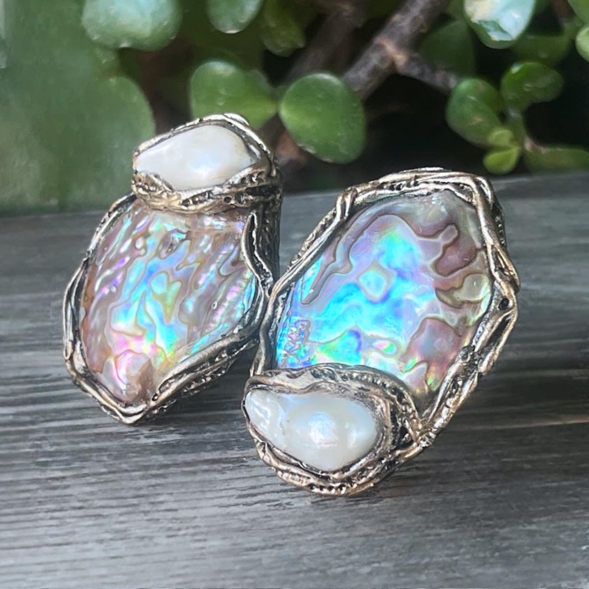 Abalone Shell Statement Clip On Earrings - Mismatched Modern Jewelry
