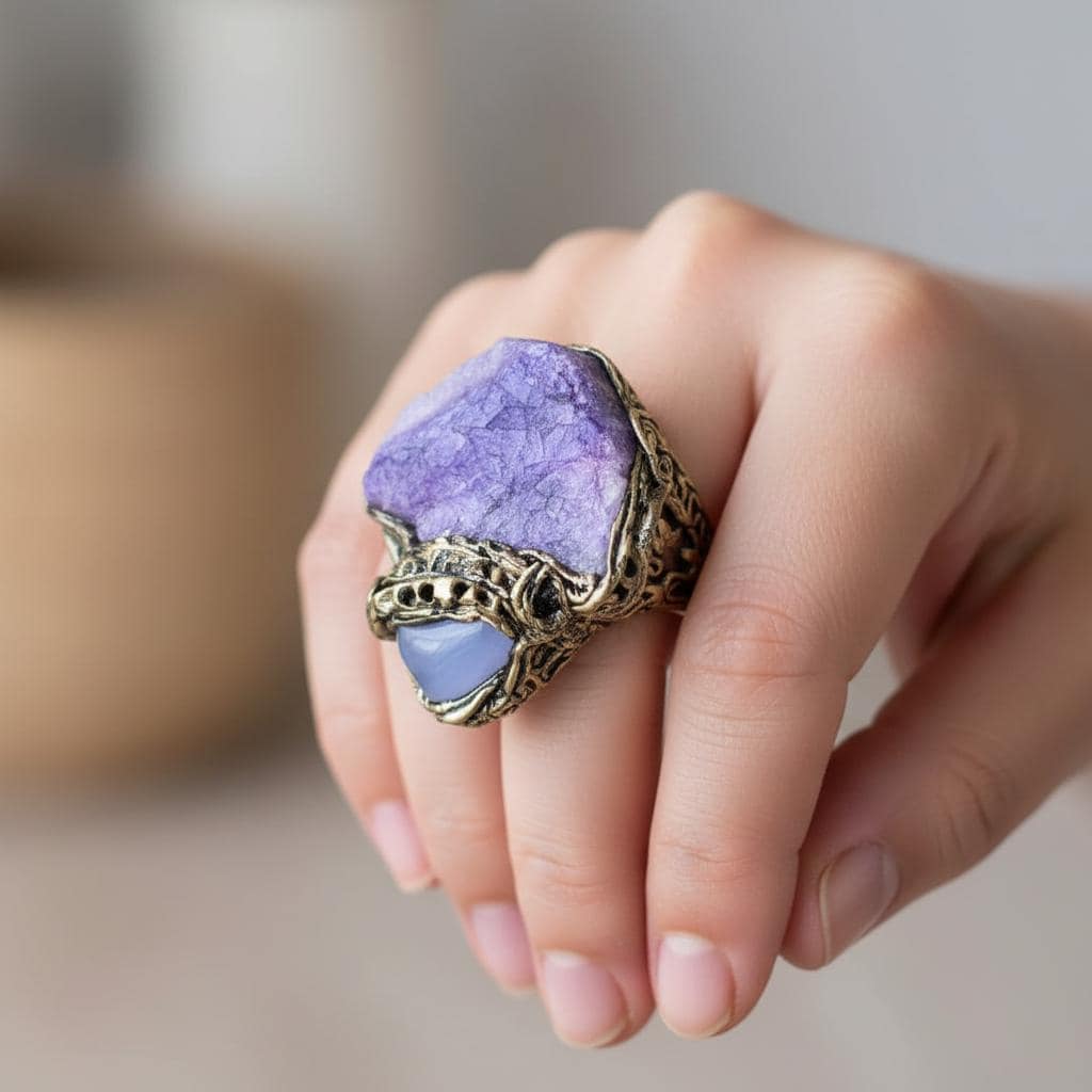Chunky Chalcedony Calcite Ring - Purple Crystal Cocktail Jewelry