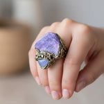 Chunky Chalcedony Calcite Ring - Purple Crystal Cocktail Jewelry