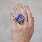 Chunky Chalcedony Calcite Ring - Purple Crystal Cocktail Jewelry