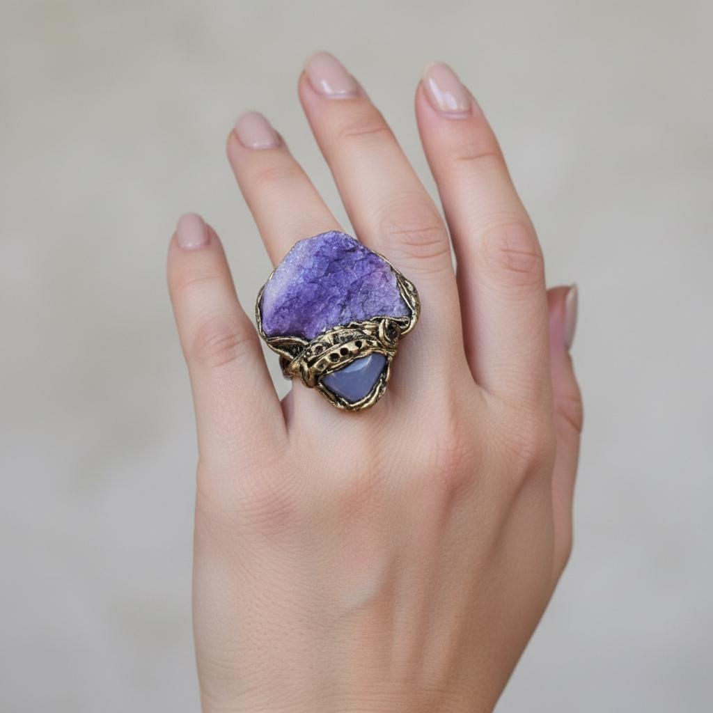 Chunky Chalcedony Calcite Ring - Purple Crystal Cocktail Jewelry