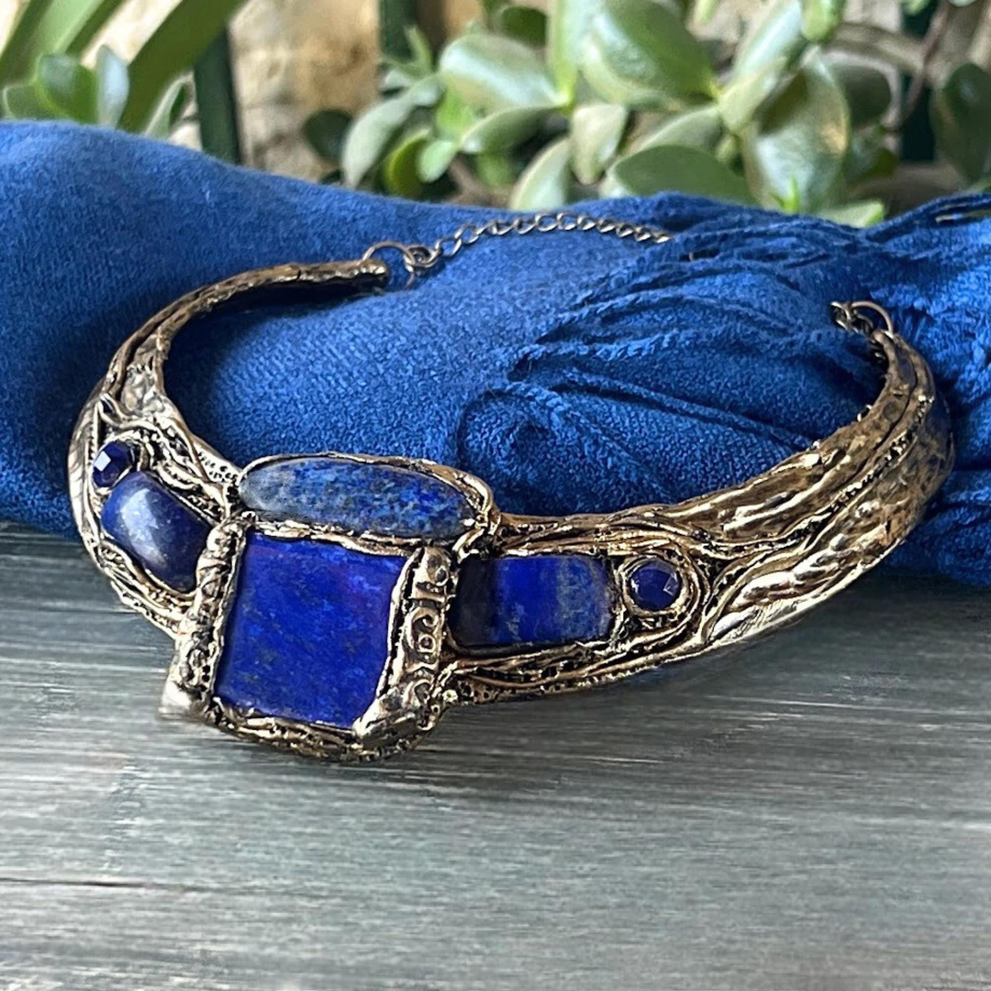 Lapis Lazuli and Sodalite Wide Choker -  Chunky Blue Stone Statement Necklace