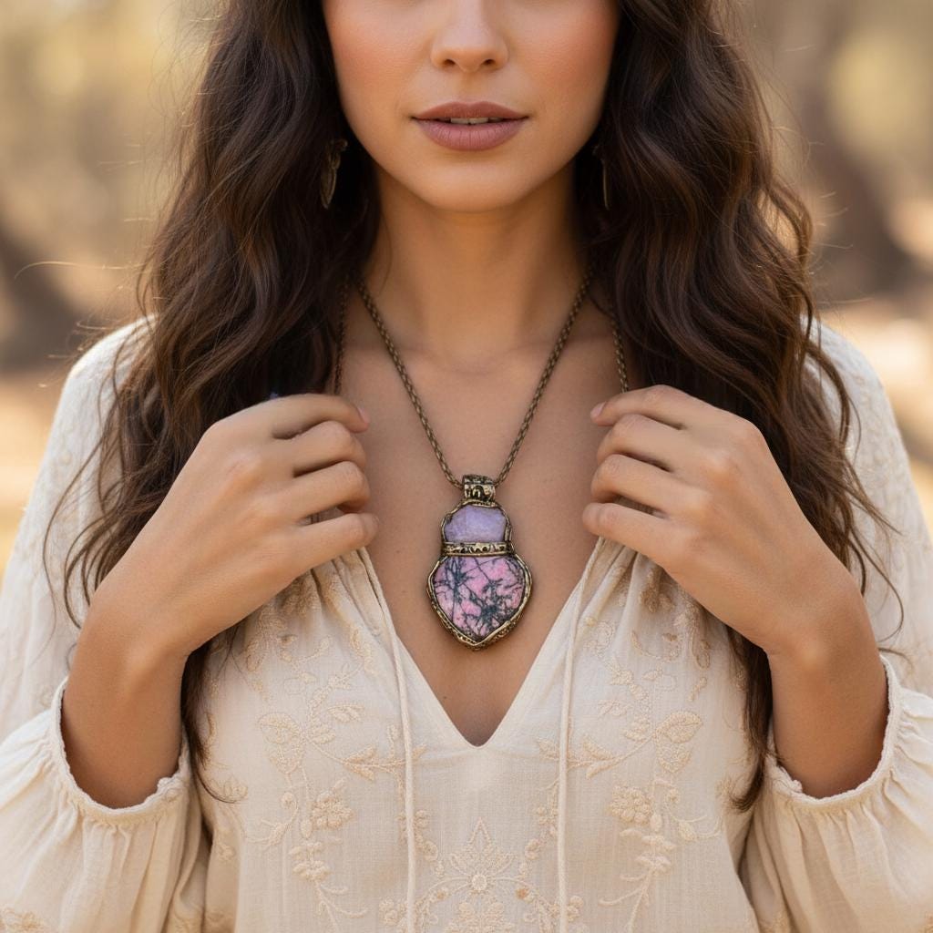 Rose Quartz Rhodonite Heart Necklace Chunky Crystal Pendant