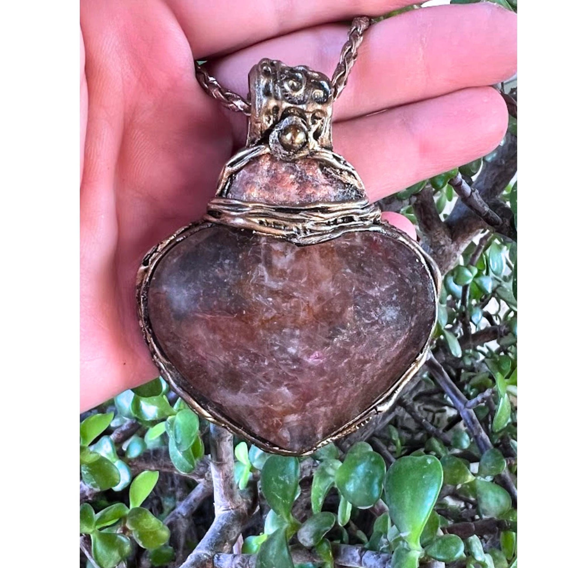 Golden Healer Quartz and Sunstone Large Crystal Heart Pendant -  Healing Crystal Amulet Necklace