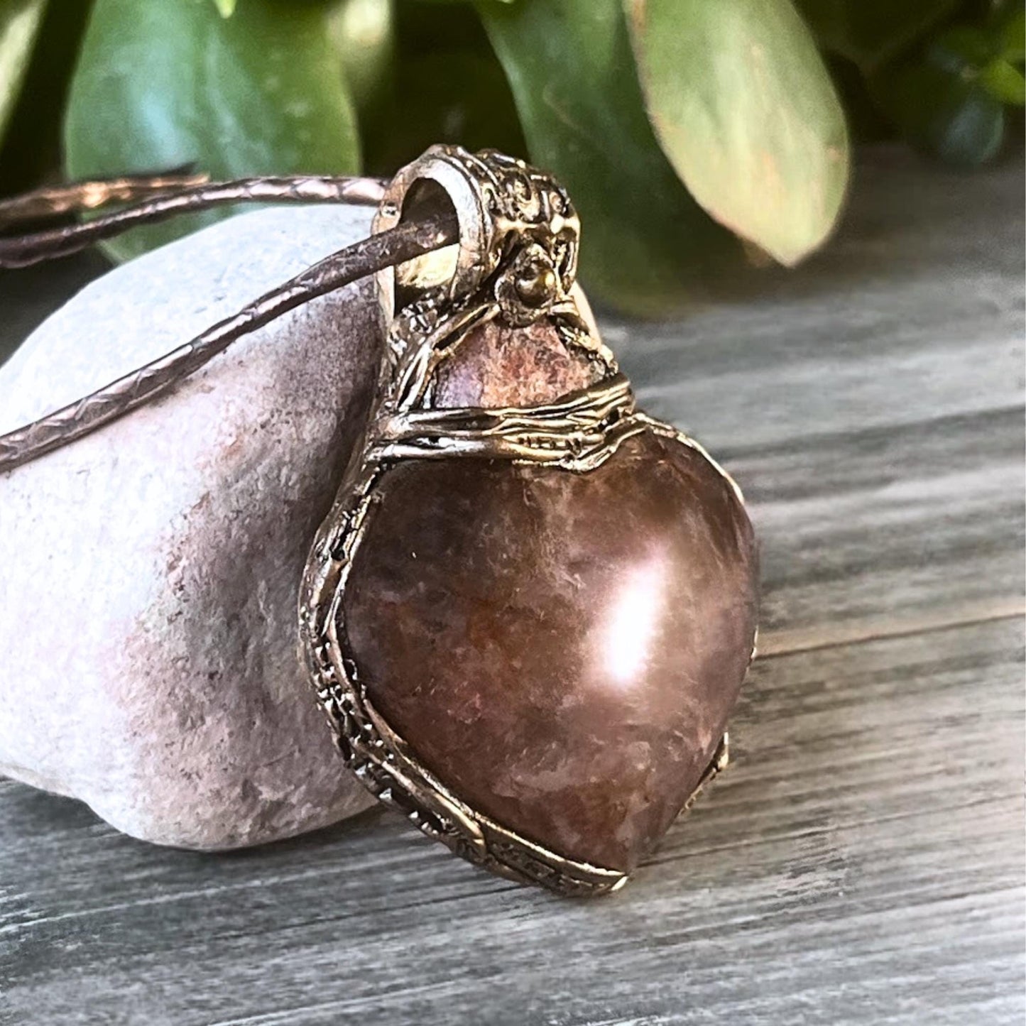 Golden Healer Quartz and Sunstone Large Crystal Heart Pendant -  Healing Crystal Amulet Necklace